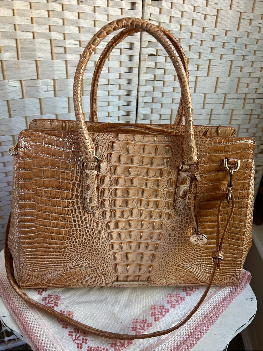 BRAHMIN FINLEY Driftwood Tan Metallic Croc-Embossed Satchel Tote Bag Office